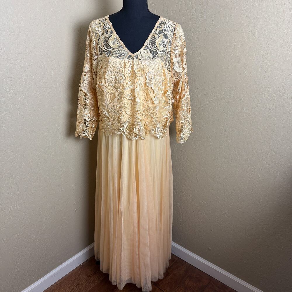 Midnight Velvet 16W Champagne Lace Overlay Maxi Dress Formal Wedding Party